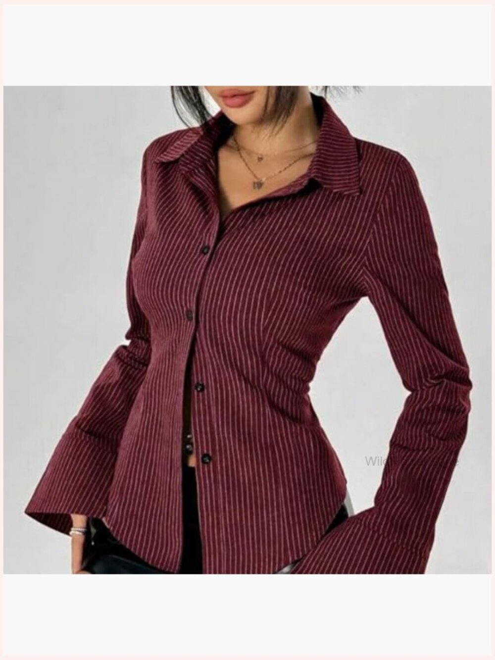 Striped Long Sleeve Button Down Shirt Fitted Collared Blouse Office Work Top - Picture 4 of 7